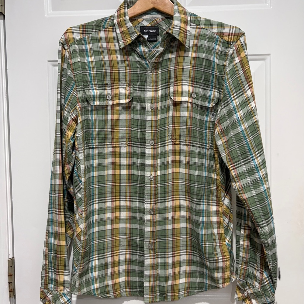 Marmot Green and Yellow Plaid Button-Up Shirt, Men’s Small